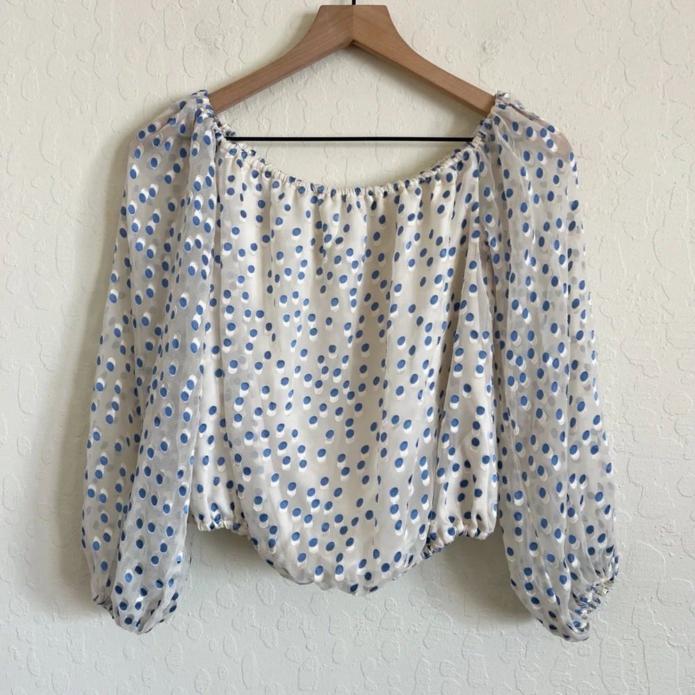 Lovers + Friends Oh Girl Off The Shoulder Sheer Sleeve Blouse Small Polka Dot